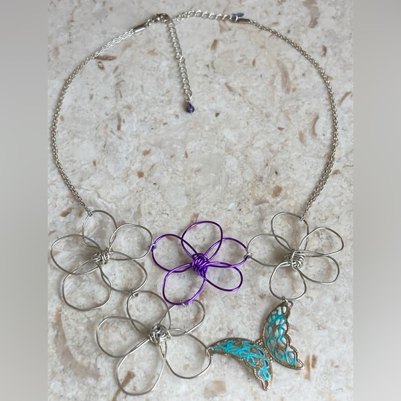 ARA Silver, Purple Turquoise Wire Wrapped Butterfly Flower
